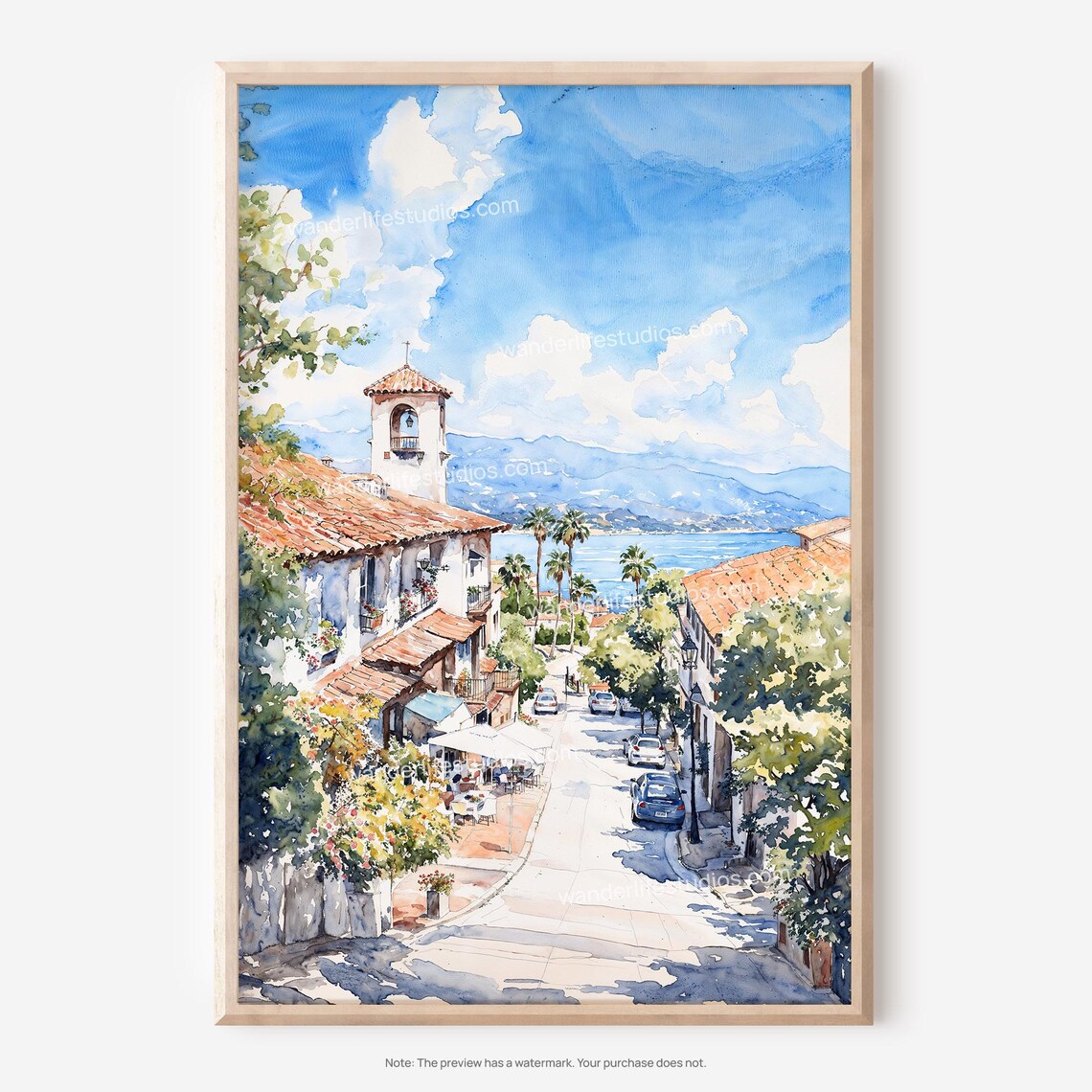 Santa Barbara California Coastal Village Street Watercolor Poster