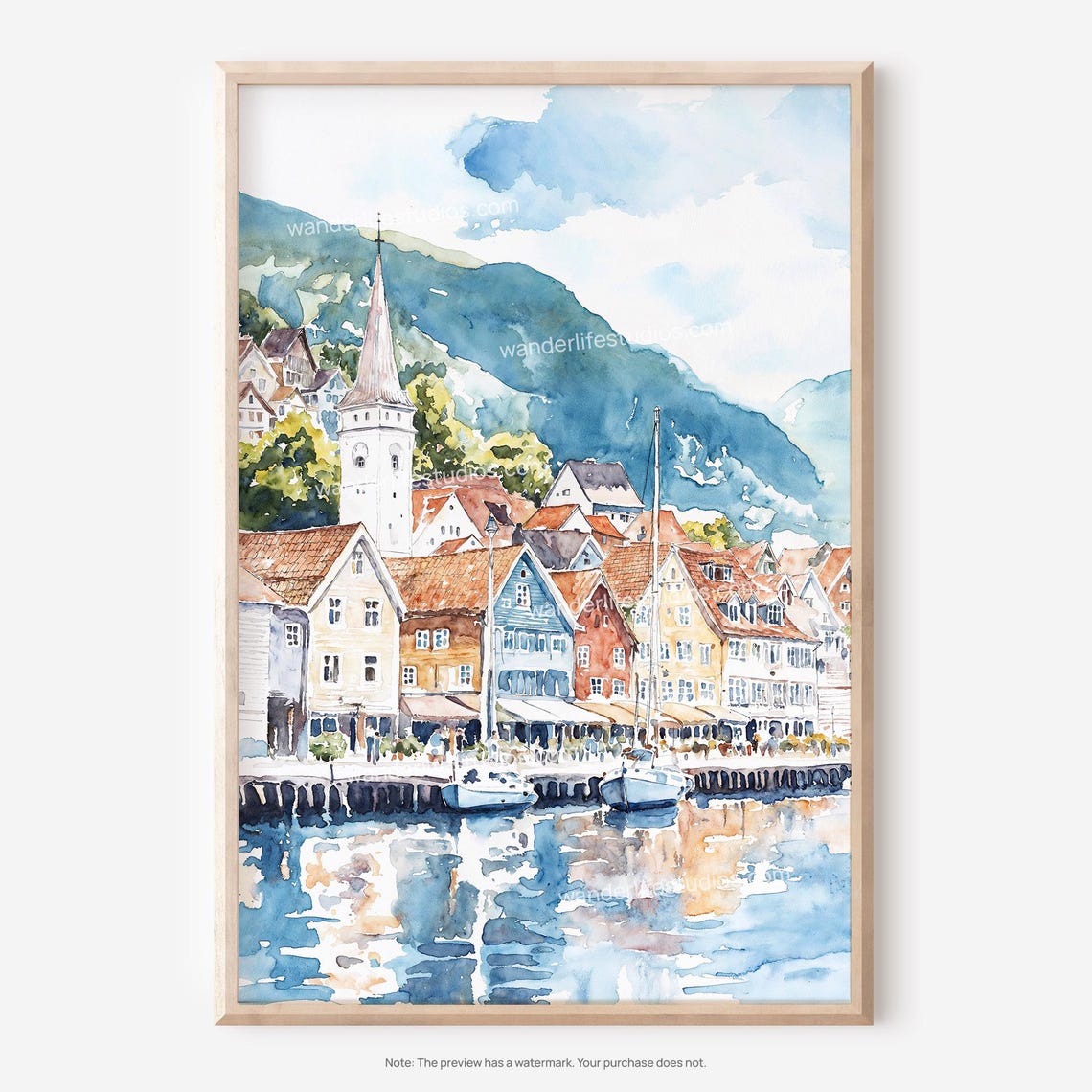 Bergen Norway Waterfront Watercolor Poster Historic Wharf And Harbor