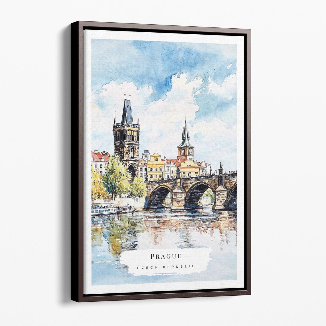 Prague Charles Bridge Watercolor Canvas Art Print Framed Cityscape Wall