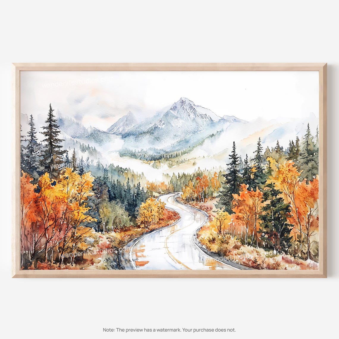 White Mountains Fall Road Foliage Pines Watercolor Travel Poster