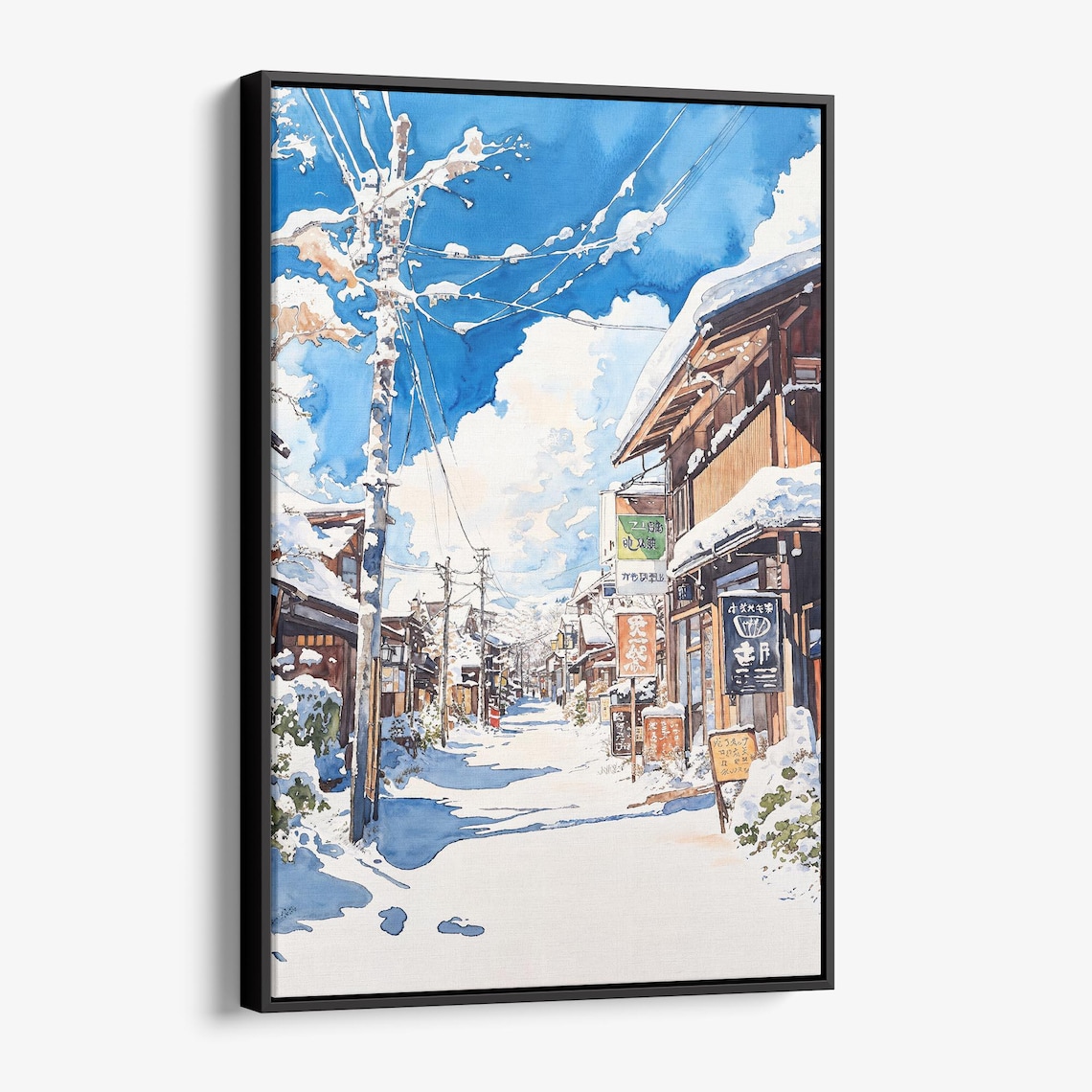 Scenic Snowy Hokkaido Winter Village Street Watercolor Wall Art