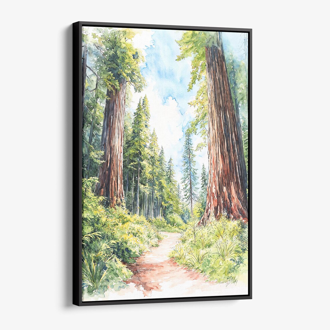 Redwood Forest Path Sunlight Watercolor Nature Trail Art Poster