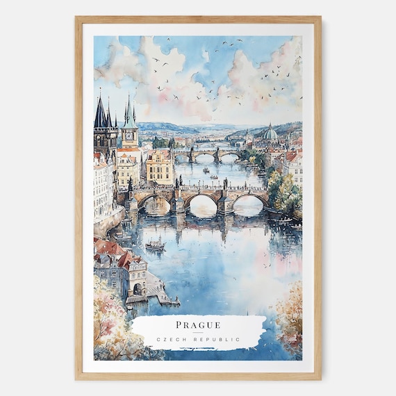 Prague Skyline Watercolor Art Print Europe Wall Czech Republic Travel Gift Moving New Home