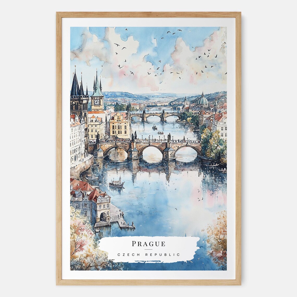 Prague Czech Republic Charles Bridge Watercolor Skyline Poster