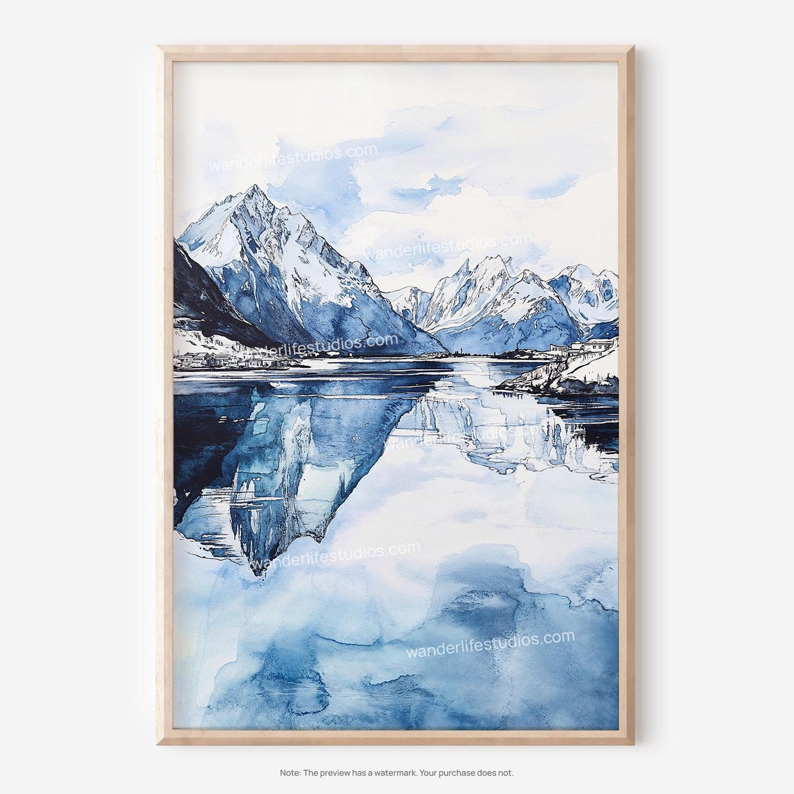 Snow Capped Mountain Lake Reflection Watercolor Landscape Poster