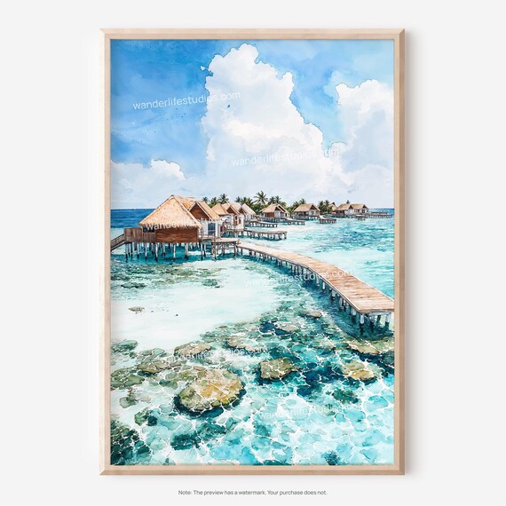 Tropical Overwater Bungalows Watercolor Island Escape Poster