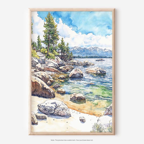 Lake Tahoe Watercolor Wall Art For Home Decor