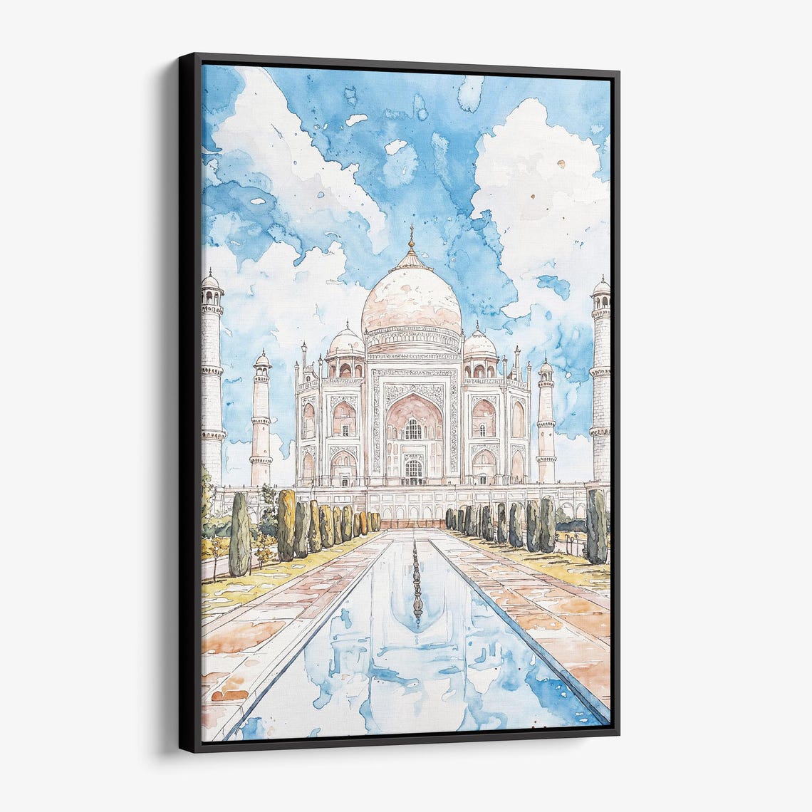 Taj Mahal Watercolor India Reflecting Pool Gardens Landmark Poster