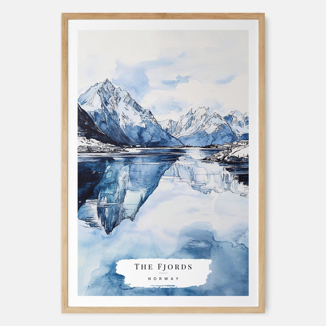 The Fjords Norway Watercolor Winter Mountains Reflection Art Poster