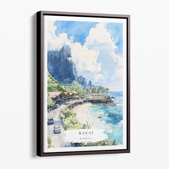 Kauai Hawaii Island Coastal Road Beach Watercolor Scenic Wall Art