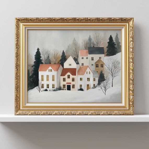 Cozy Snowy Village Houses Winter Landscape Oil Painting Poster