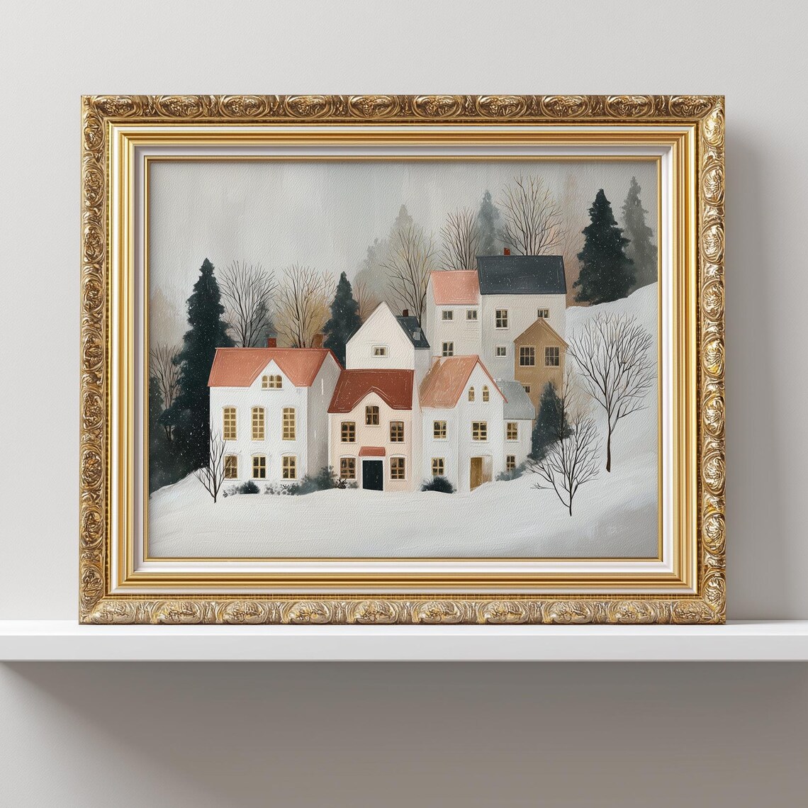 Cozy Winter Houses Print Vintage Snowy Village Wall Art Rustic Holiday Home Decor European Farmhouse Christmas Landscape Scene