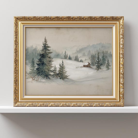 Snowy Cabin Landscape Print Vintage Winter Wall Art Rustic Mountain Scene Farmhouse Holiday Decor Cozy