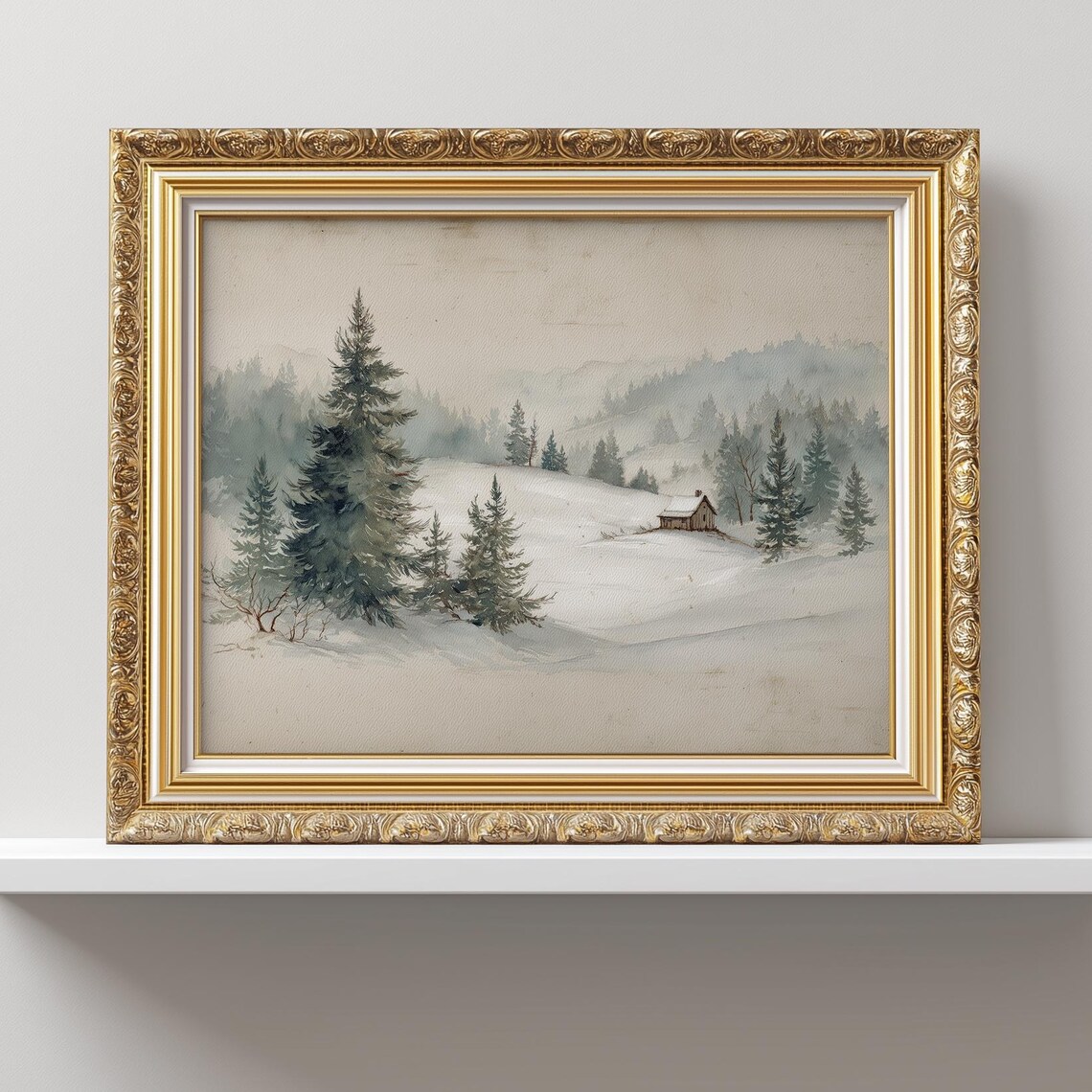Snowy Pine Forest Cabin Watercolor Winter Landscape Rustic Poster