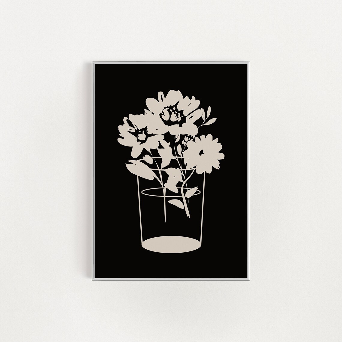 White Flowers In Glass Vase Black Background Minimalist Floral Poster