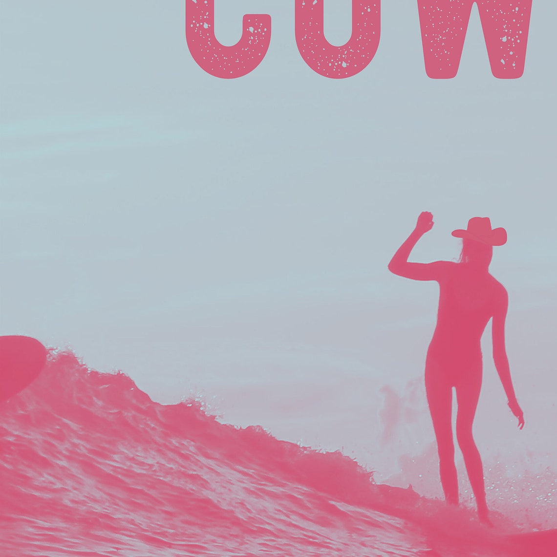 Pink Surfer Silhouette In Cowboy Hat Riding Ocean Wave Poster