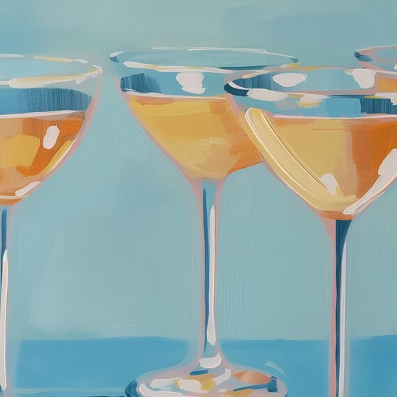Golden Cocktail Coupes On Teal Painterly Bar Cart Art Poster
