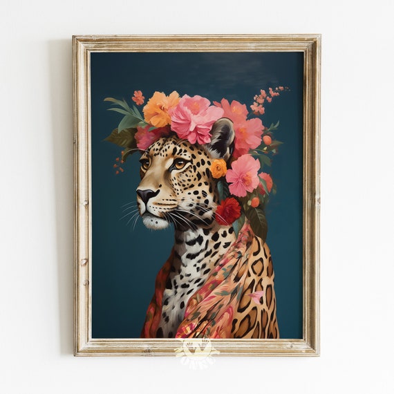 Floral Crown Leopard Portrait Dark Teal Maximalist Art Poster