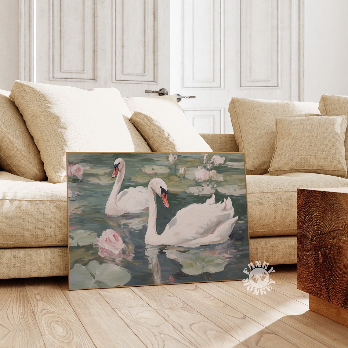 Two White Swans Among Pink Water Lilies Soft Watercolor Pond Print