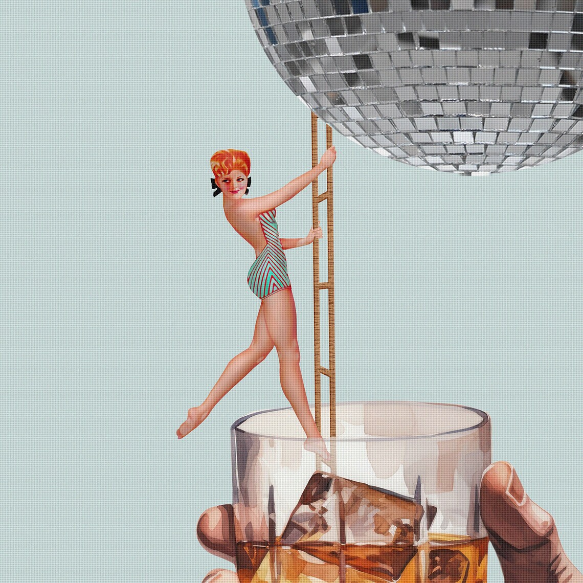 Retro Bar Cart Disco Whiskey Collage Poster - Image 2