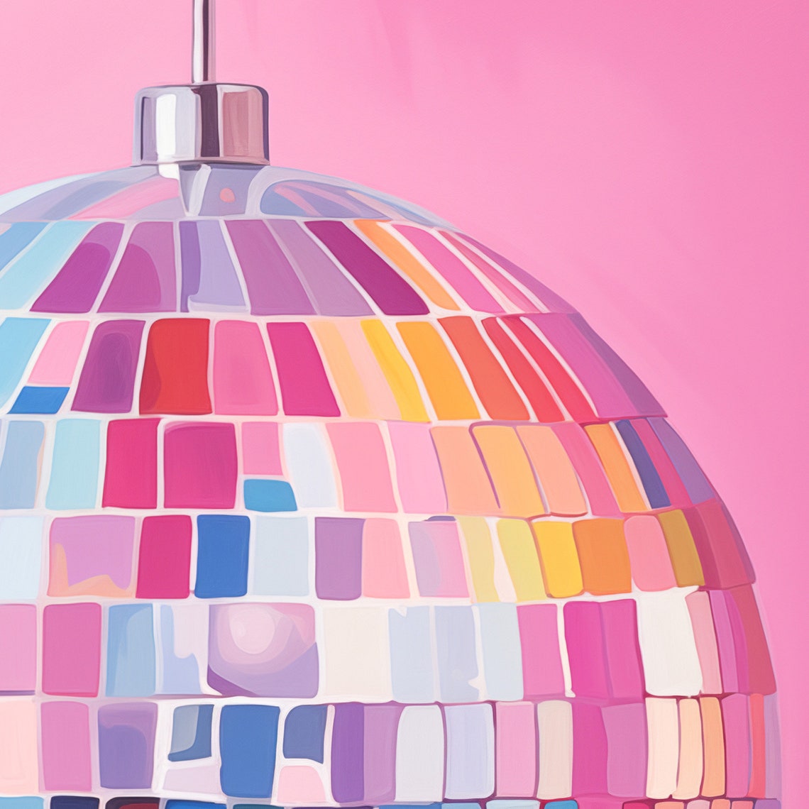 Colorful Rainbow Mosaic Disco Ball On Solid Pink Background Poster