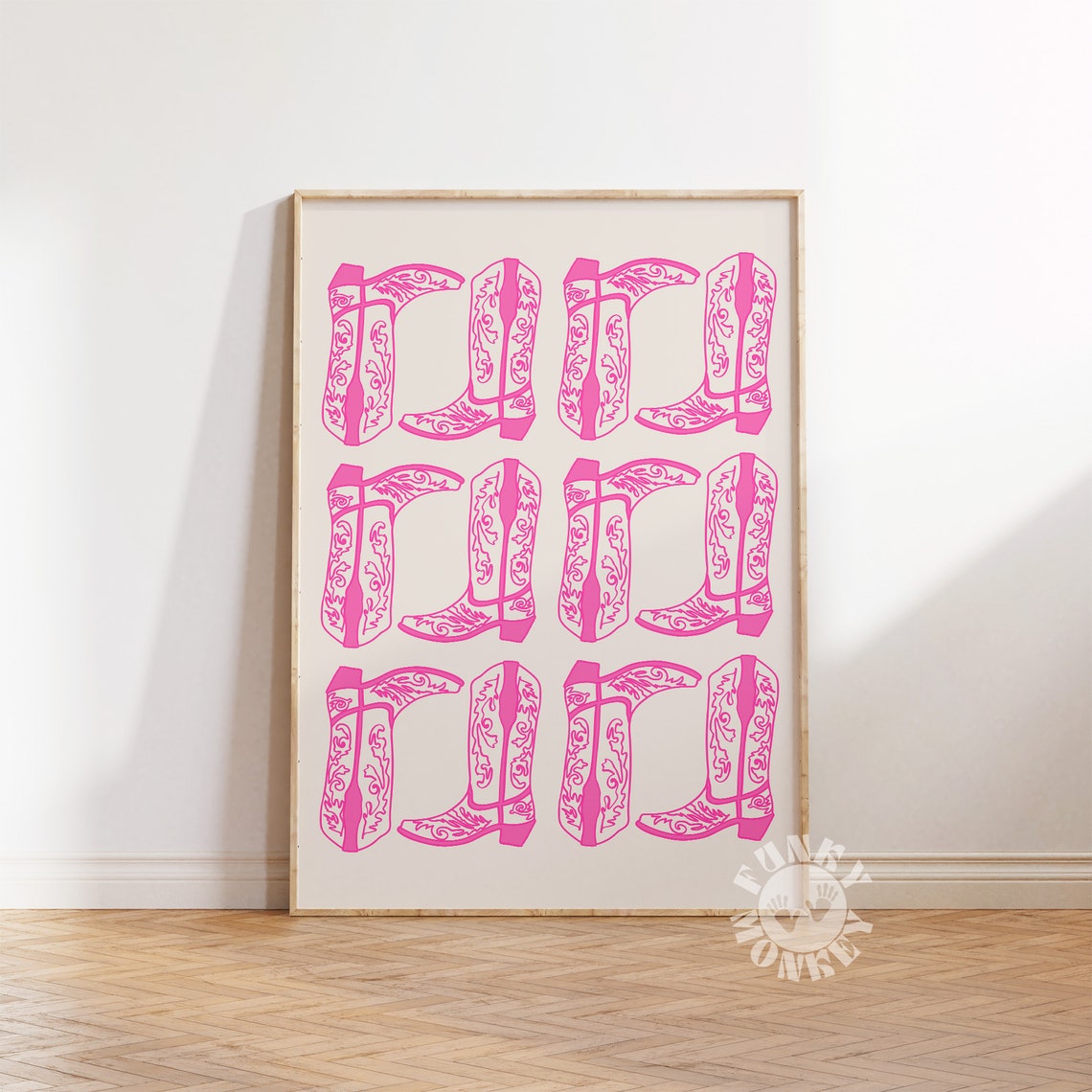 Pink Line Art Cowboy Boots Grid Retro Western Preppy Dorm Room Poster