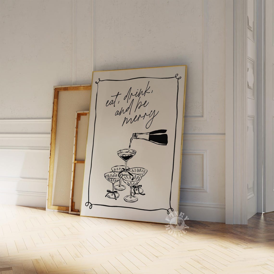 Champagne Tower Hand Drawn Eat Drink And Be Merry Script Poster