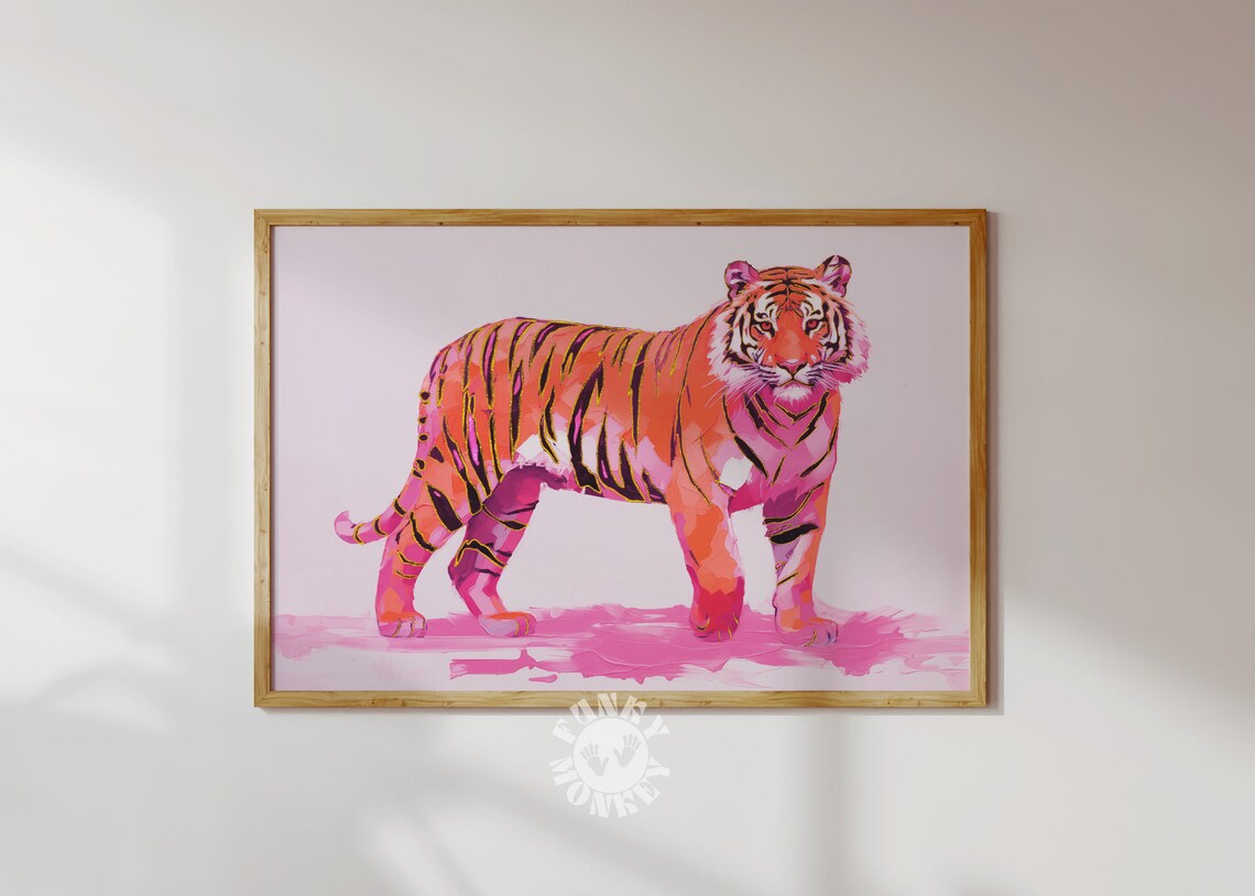 Hot Pink Orange Tiger Walking Painting Bold Maximalist Dopamine Poster