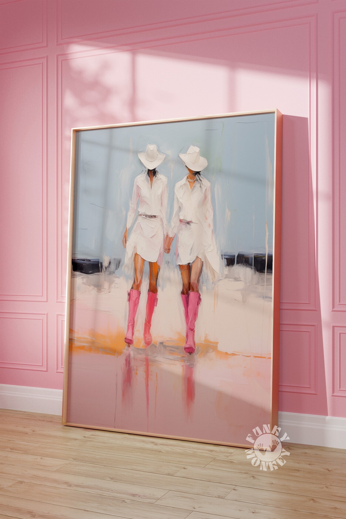 Coastal Cowgirls Pink Boots White Dresses Western Painting Poster
