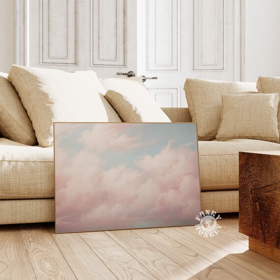 Pastel Pink Blue Dreamy Clouds Painting Horizontal Coquette Nursery Wall Art