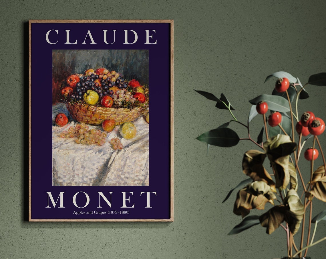 Claude Monet Apples and Grapes Still Life Navy Border Poster