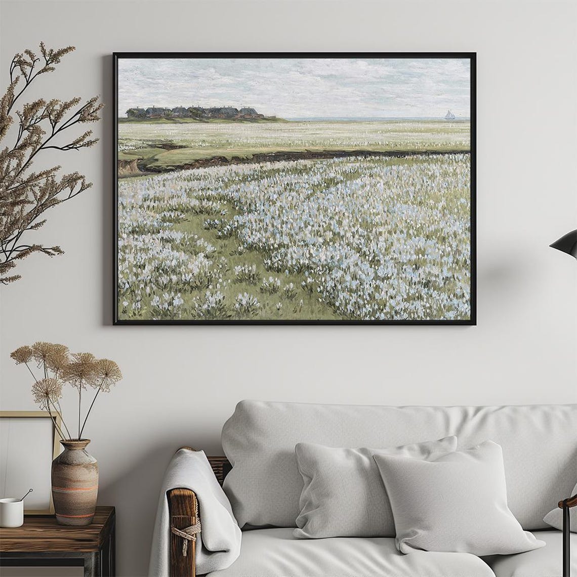 White Flower Field Sea Horizon Sailboat Soft Vintage Landscape Poster - Image 5