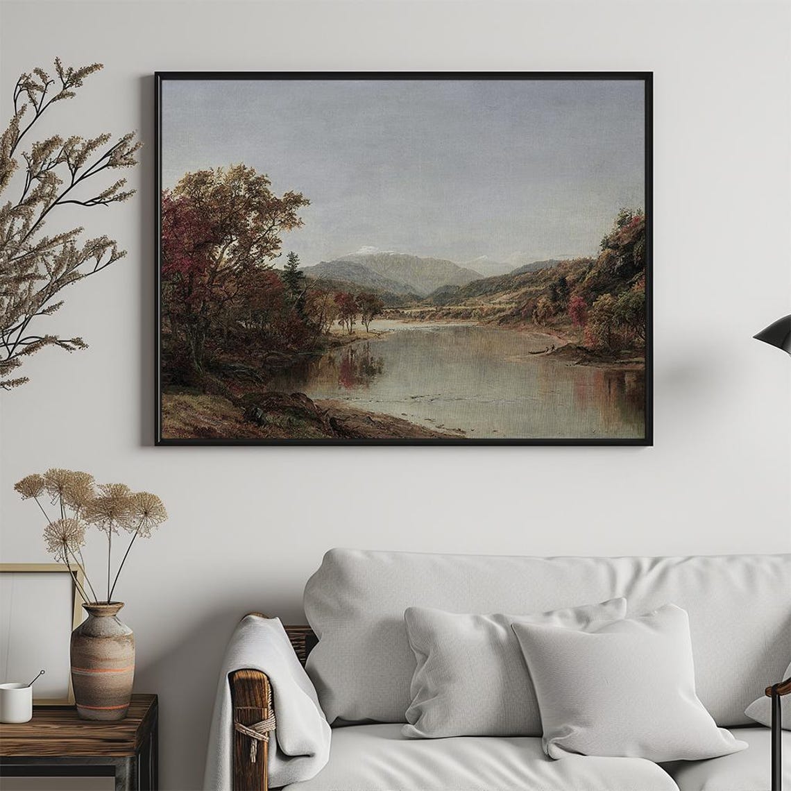 Mountain River Autumn Trees Calm Water Scenic Painting Poster - Image 5