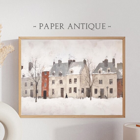 Snowy Village Street with Row Houses Cozy Winter Folk Art Poster