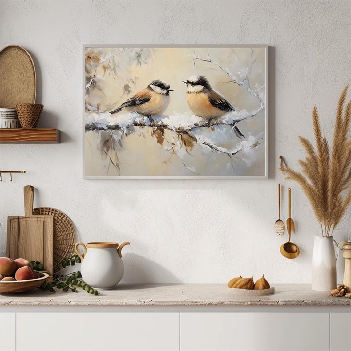 Songbirds Perched Snowy Branch Soft Winter Watercolor Art Poster - Image 4