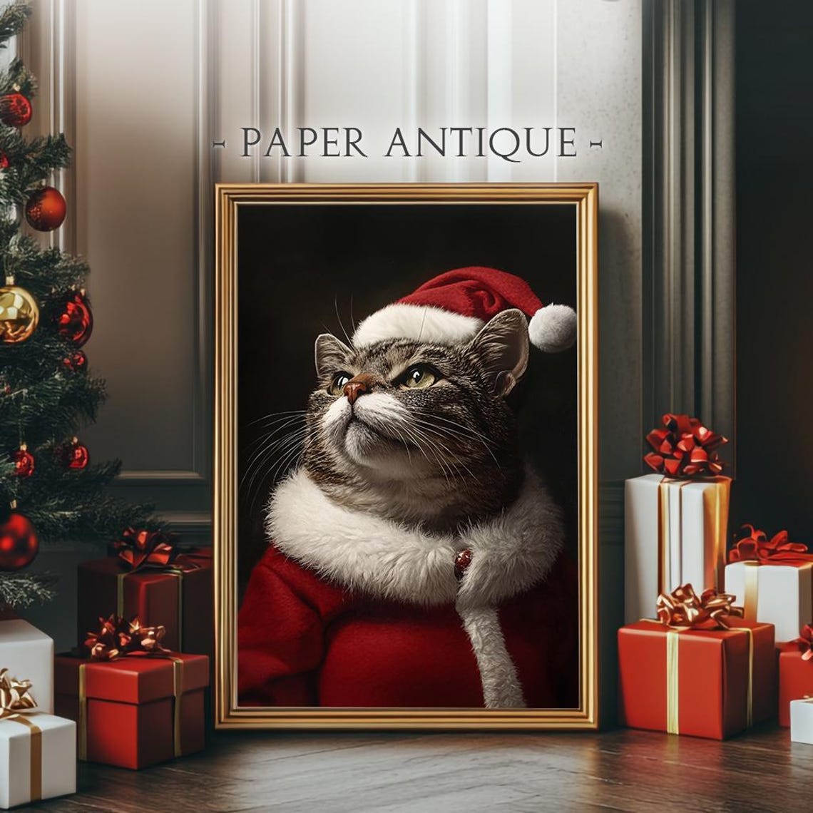 Tabby Cat Dressed In Santa Suit Cute Christmas Pet Portrait Poster