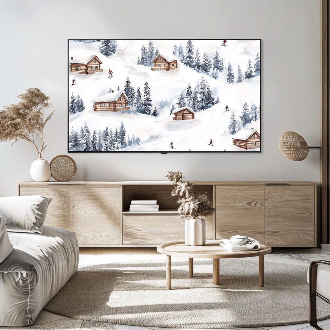 Ski Village Watercolor Log Cabins Skiers Snowy Pines Winter Poster - Image 5