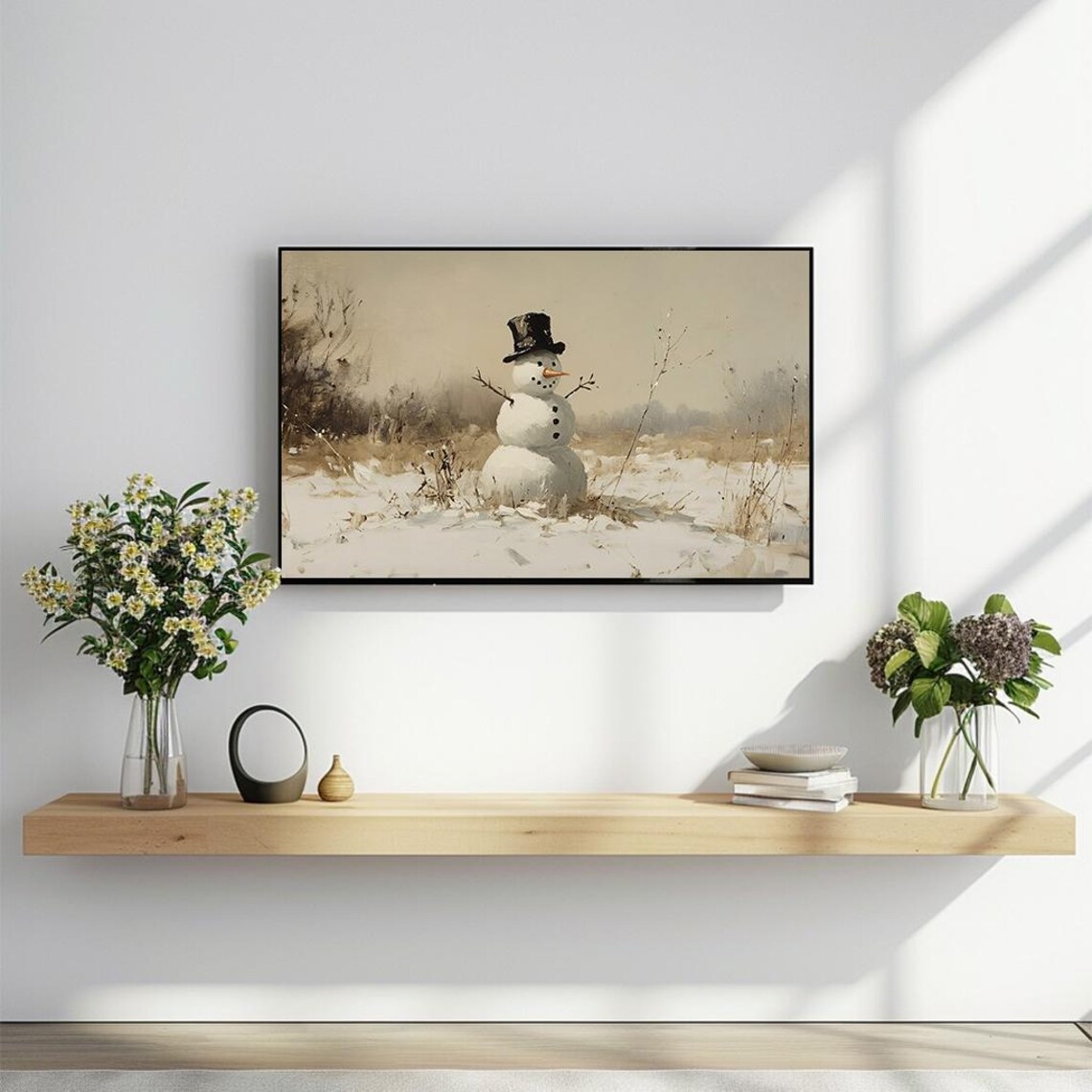 Snowman In Winter Landscape Vintage Oil Painting Cozy Holiday Poster - Image 2