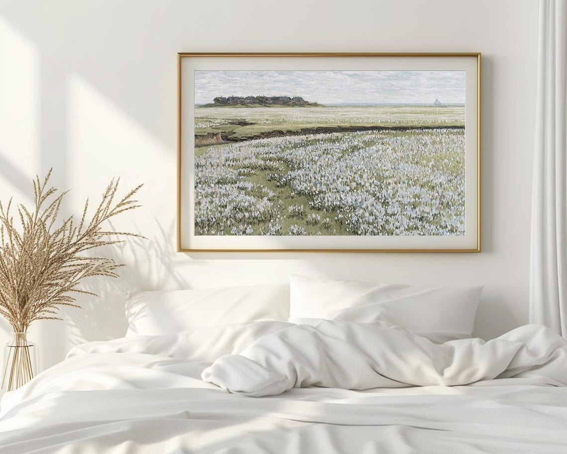 White Flower Field Sea Horizon Sailboat Soft Vintage Landscape Poster - Image 2