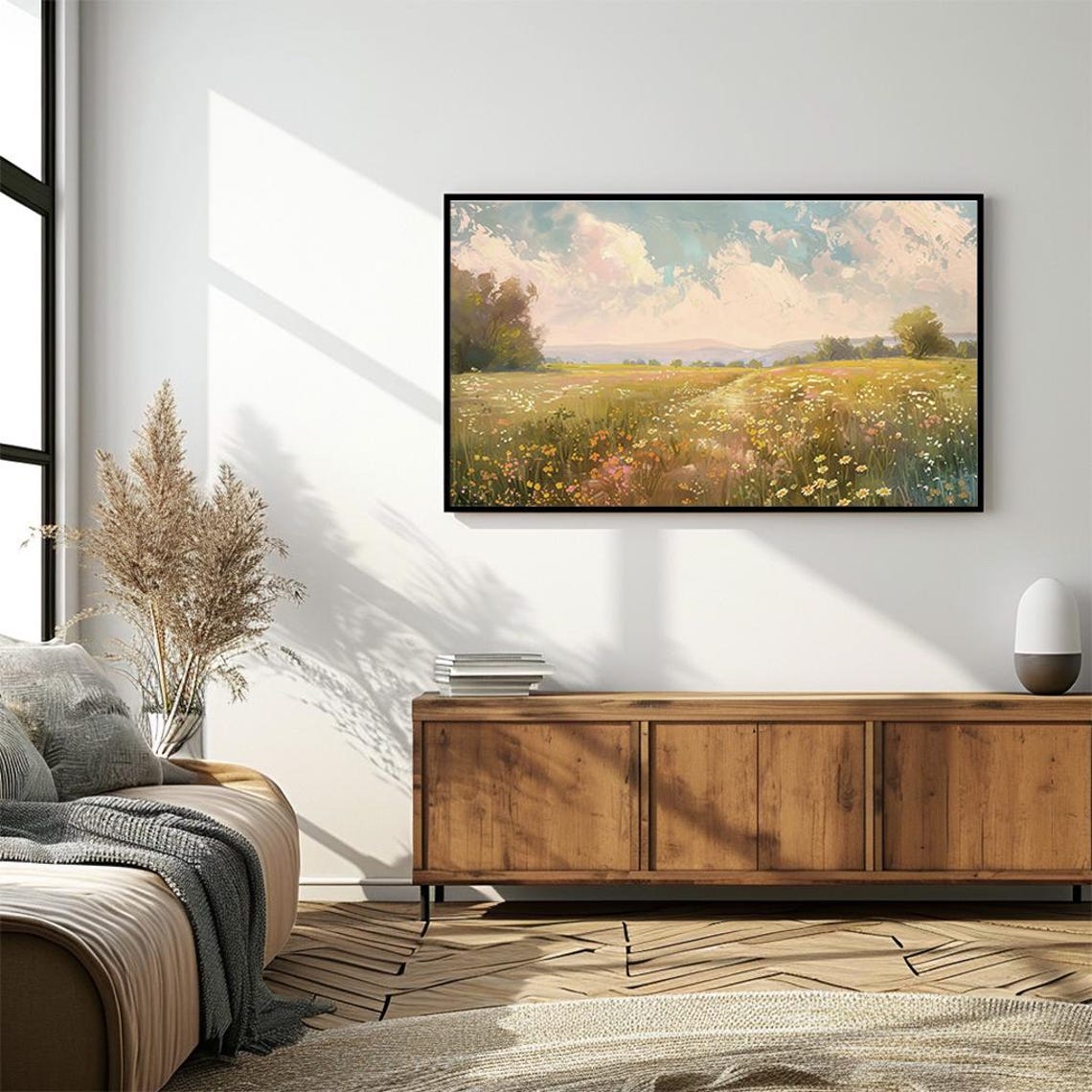Sunlit Wildflower Meadow Painting Bright Spring Landscape Poster - Image 4
