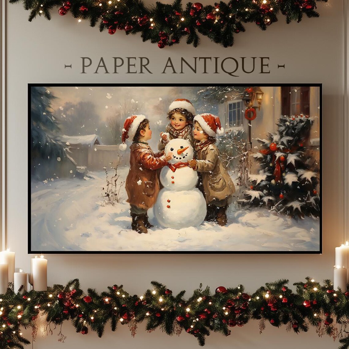 Children Building Snowman Vintage Cozy Christmas Painting Poster