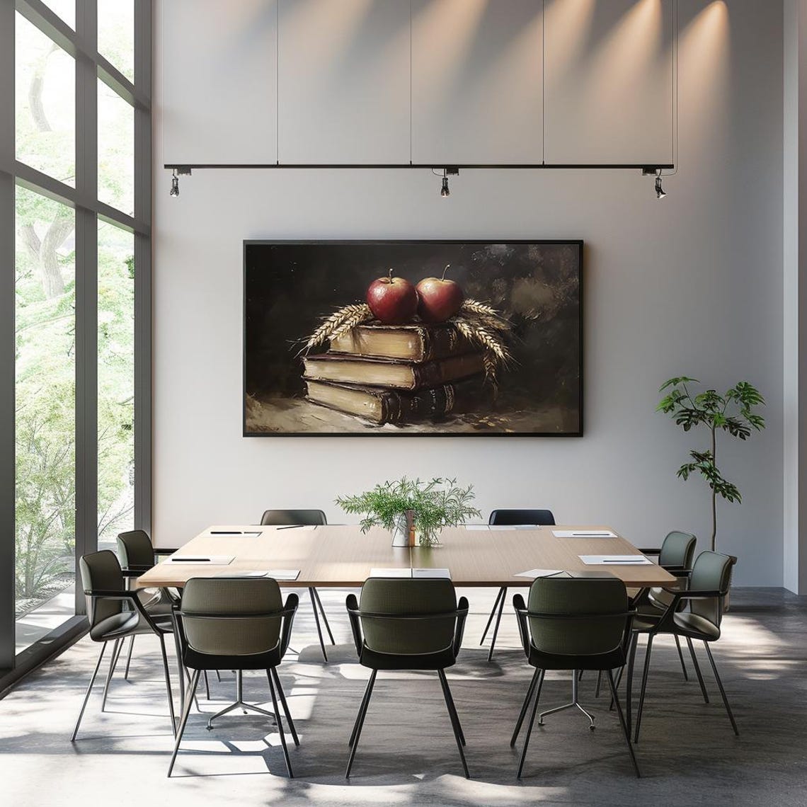 Rustic Still Life Apples on Vintage Books and Wheat Oil Poster - Image 3