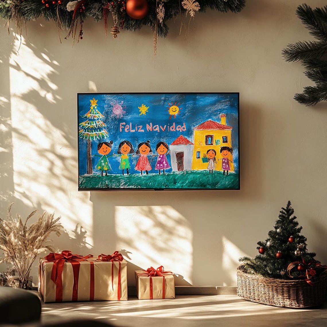 Feliz Navidad Kids Crayon Drawing Colorful Joyful Art Poster - Image 3