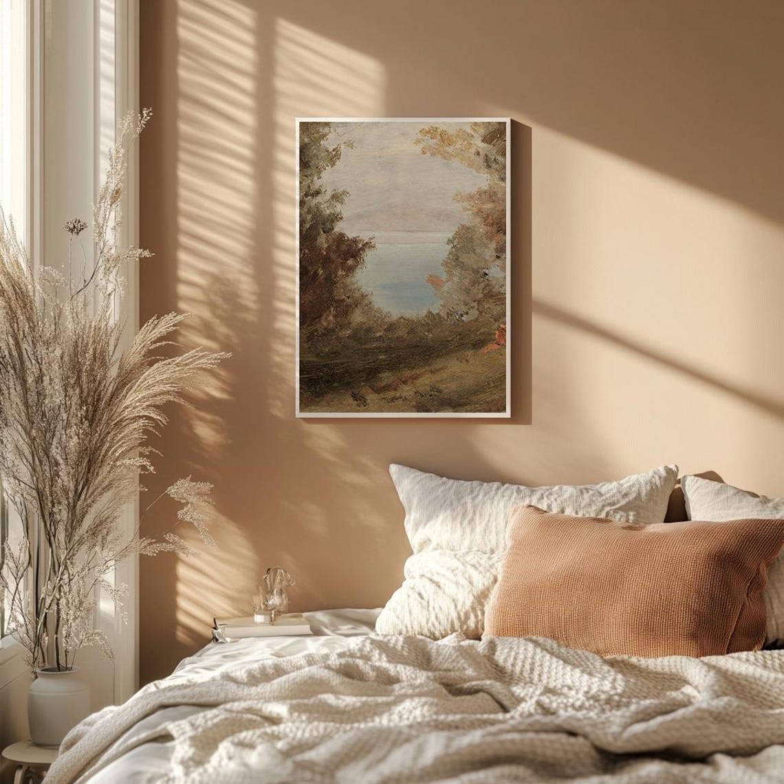 Serene Lake Framed By Golden Trees Antique Oil Landscape Poster - Image 2