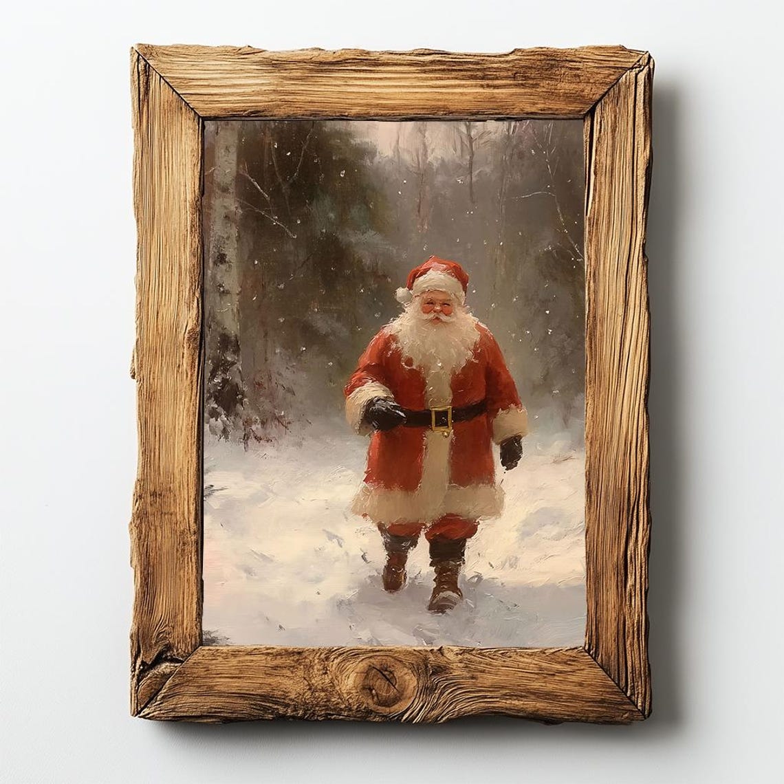 Santa Claus Walking in Winter Snow Traditional Oil Painting Poster - Image 2