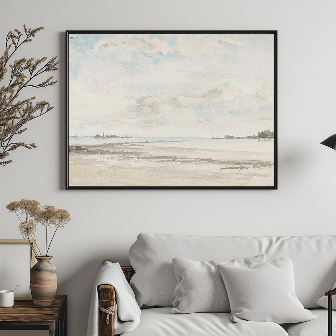 Calm Coastal Shoreline Watercolor Pale Sky Seaside Scene Poster - Image 5