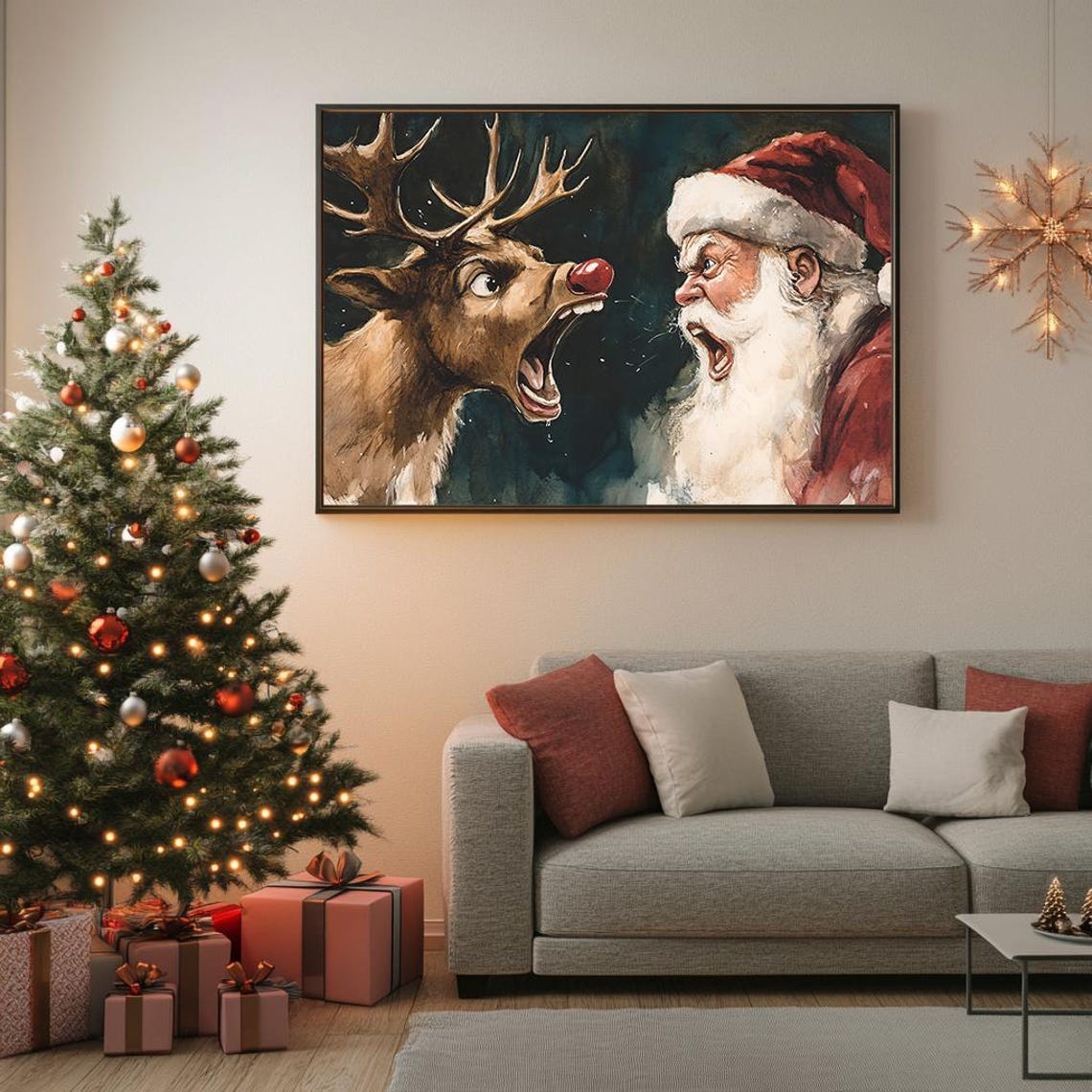 Santa And Reindeer Funny Argument Watercolor Christmas Humor Poster - Image 5