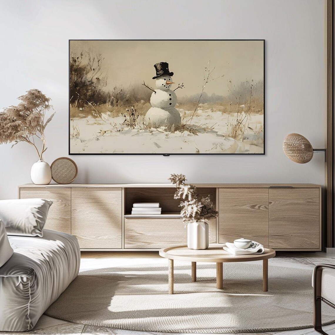 Snowman In Winter Landscape Vintage Oil Painting Cozy Holiday Poster - Image 5