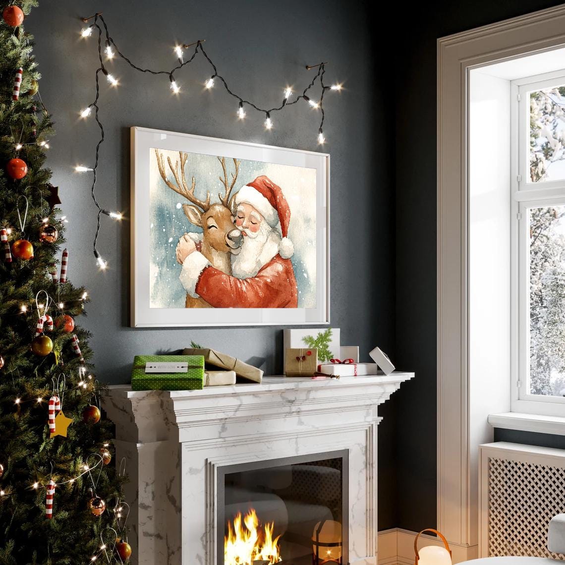 Santa Claus Hugging Reindeer Watercolor Festive Christmas Poster - Image 2