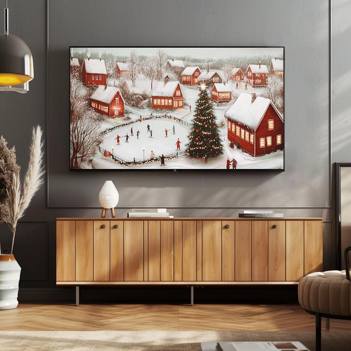 Winter Village Ice Skating Pond Red Houses Festive Christmas Poster - Image 4